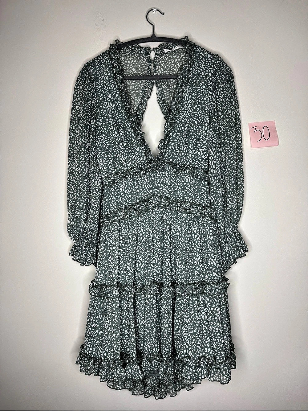 Saints + Secrets Mini Ruffle Dress Green & White Size Large